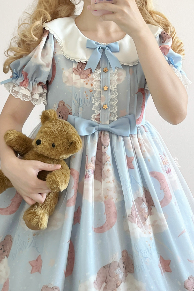 Star Wishing Bear Print Short Sleeves Bowknot Sweet Lolita Dress 2 Colors - Product - 8