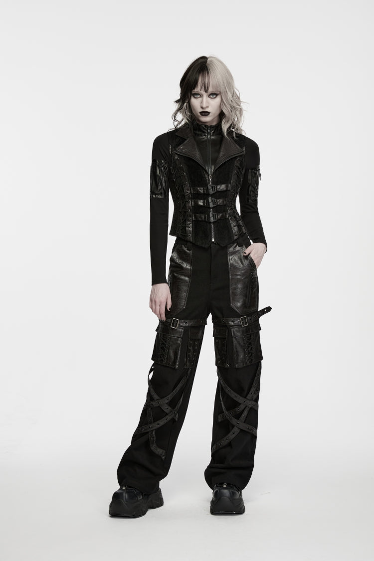 Black Lapel Collar Sleeveless Lace-Up Slim Fit Buckled Zippered Women's Punk Cool Vest - Product - 6