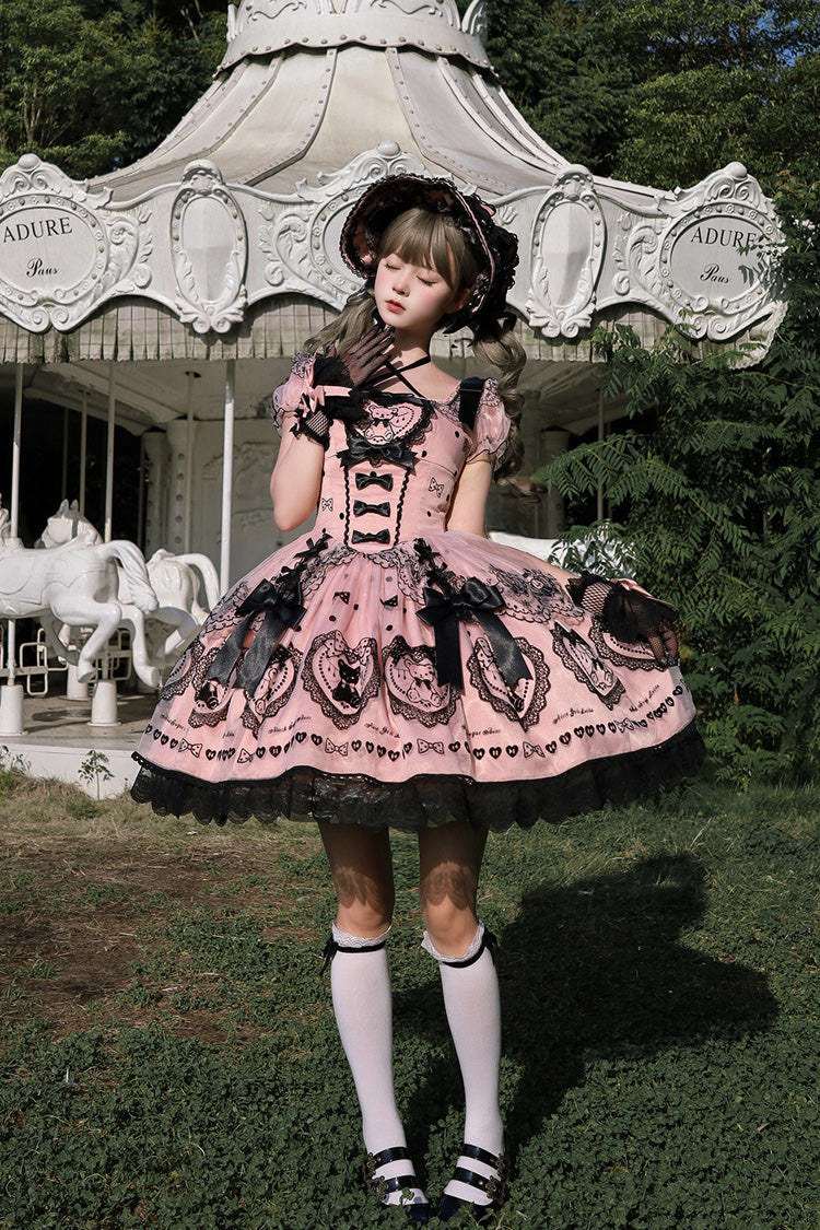 Pink [Sugar Bear] Square Collar Short Sleeves Embroidered Bow Sweet Lolita Dress (Bow Train Included) - Product - 4