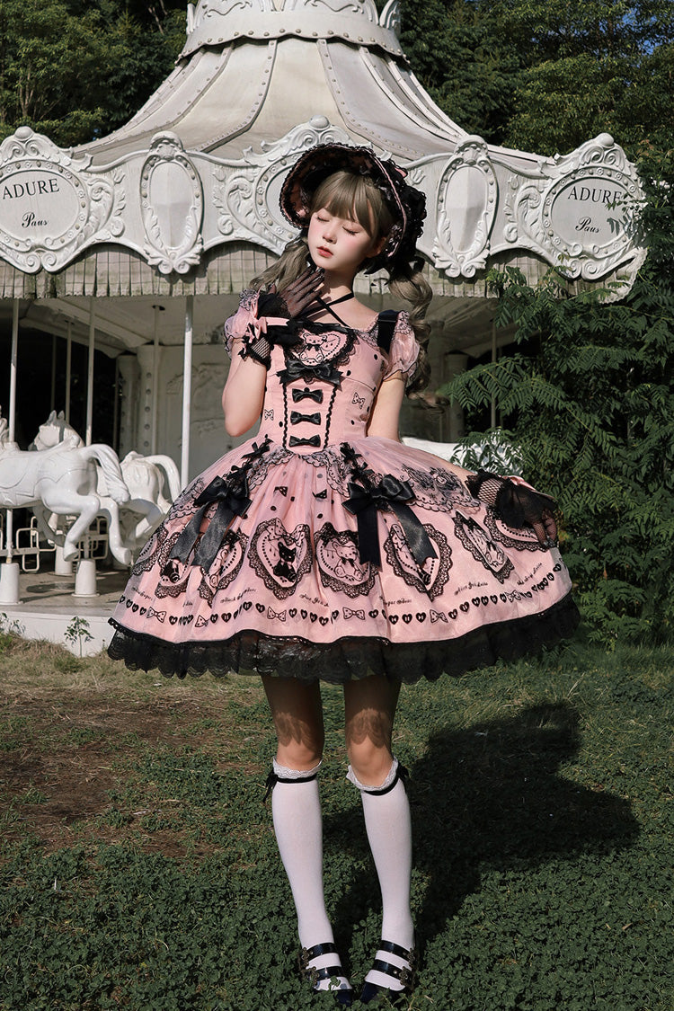 Pink [Sugar Bear] Square Collar Short Sleeves Embroidered Bow Sweet Lolita Dress (Bow Train Included) - Product - 4