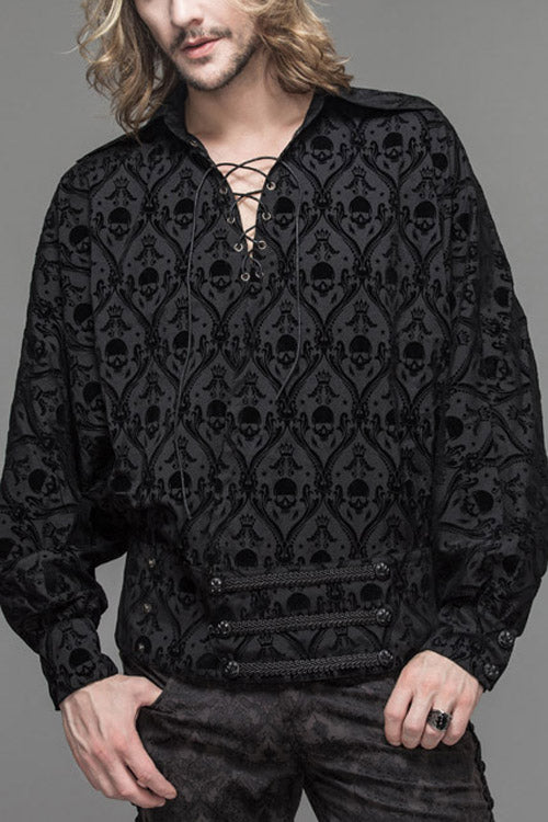Black Lace Up Neckline Skull Printed Mens Gothic Blouse - Black - 1