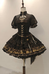 Black [Chimera Dream Gilded] Short Sleeves Multi-Layered Printed Ruffled Lace-Up Gothic Chinese Style Lolita Dress - Black - 1