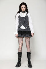 Black/White Striped Buckled Women's Gothic College Style Vest - Black/White - 1