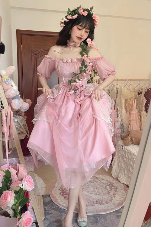 Boat Neck Bubble Short Sleeve Flower Embellished High Waisted Sweet Lolita Dress - Product - 3