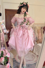 Boat Neck Bubble Short Sleeve Flower Embellished High Waisted Sweet Lolita Dress - Product - 3