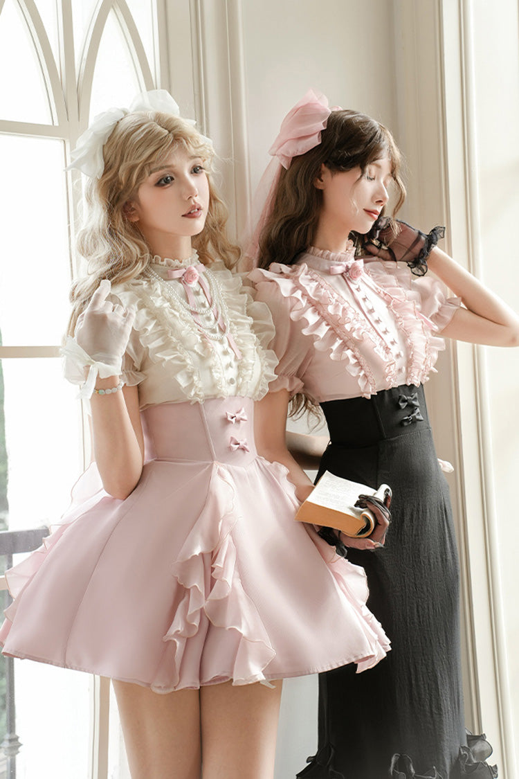 Pink/Apricot [Miss Lola] Stand Collar Short Sleeves Ruffle Bowknot Sweet Lolita Dress - Product - 11