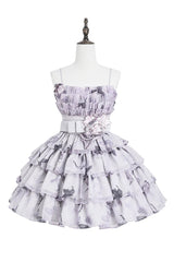 [Stained Glass Dream] Square Collar Sleeveless High Waisted Multi-Layered Printed Ruffled Bow Gothic Lolita Jsk Dress 2 Colors(Black/Purple, White/Purple) - Product - 10