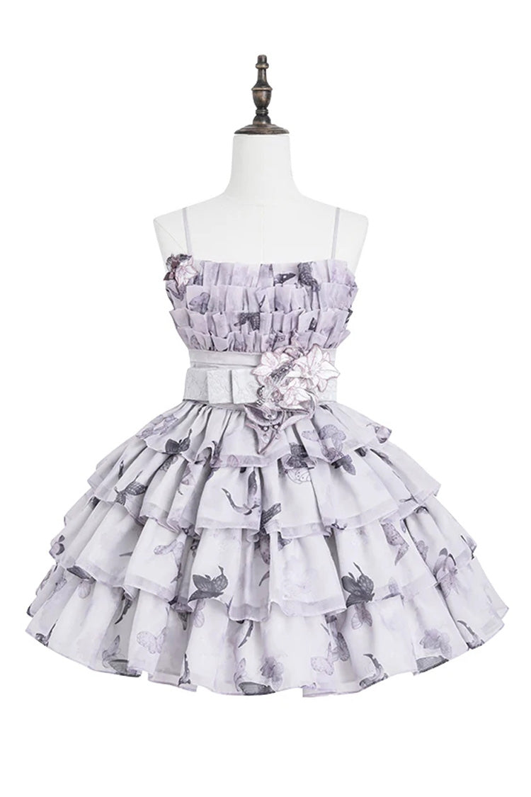 [Stained Glass Dream] Square Collar Sleeveless High Waisted Multi-Layered Printed Ruffled Bow Gothic Lolita Jsk Dress 2 Colors(Black/Purple, White/Purple) - Product - 10