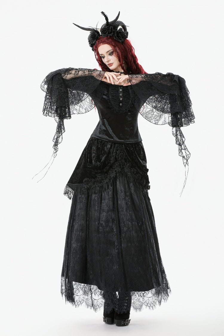 Black Square Collar Multi-Layered Lace Long Flared Sleeves Women's Gothic Palace Velvet Top - Product - 9