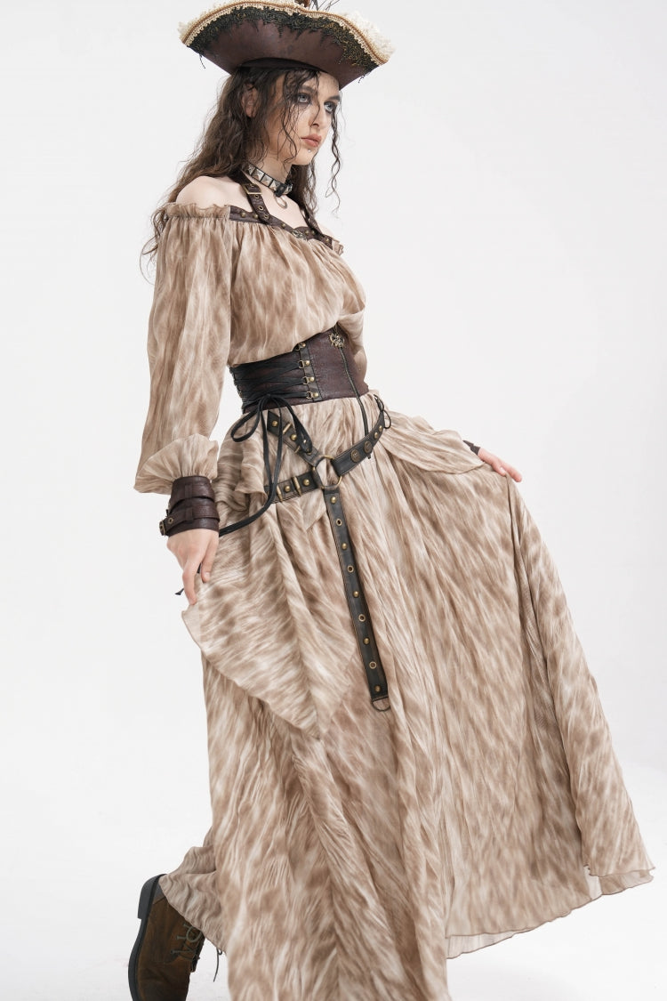Apricot Ruffle Lace-Up Women's Gothic Eyelets Rivets Long Skirt - Product - 7
