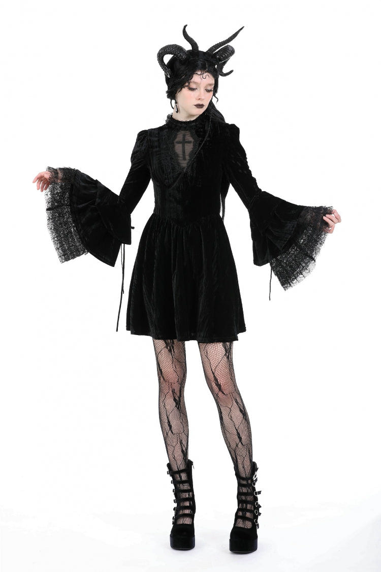 Black Women's Gothic Cross Lace Ruffled Stand Collar Long Flared Sleeves Lace-Up Velvet Dress - Black - 1
