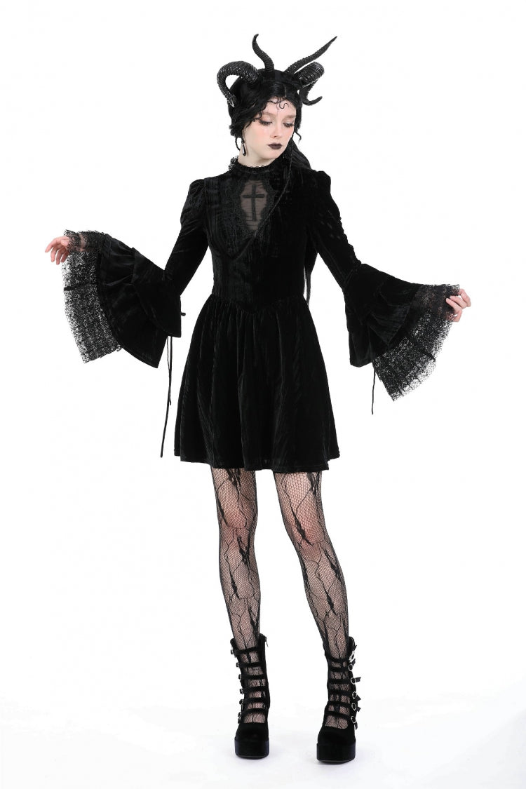 Black Women's Gothic Cross Lace Ruffled Stand Collar Long Flared Sleeves Lace-Up Velvet Dress - Black - 1