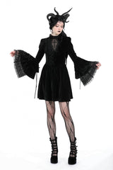 Black Women's Gothic Cross Lace Ruffled Stand Collar Long Flared Sleeves Lace-Up Velvet Dress - Black - 1