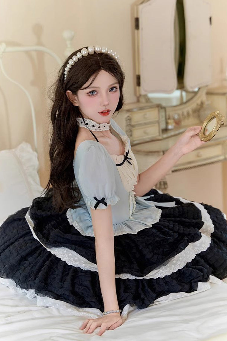 Black/Blue Mint Dark Chocolate Fake Two-piece Square Collar Ruffle Bowknot Sweet Lolita Dress - Product - 8