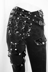 Black Punk Leather Loops Asymmetric Knitted Stretch Womens Pants - Product - 6