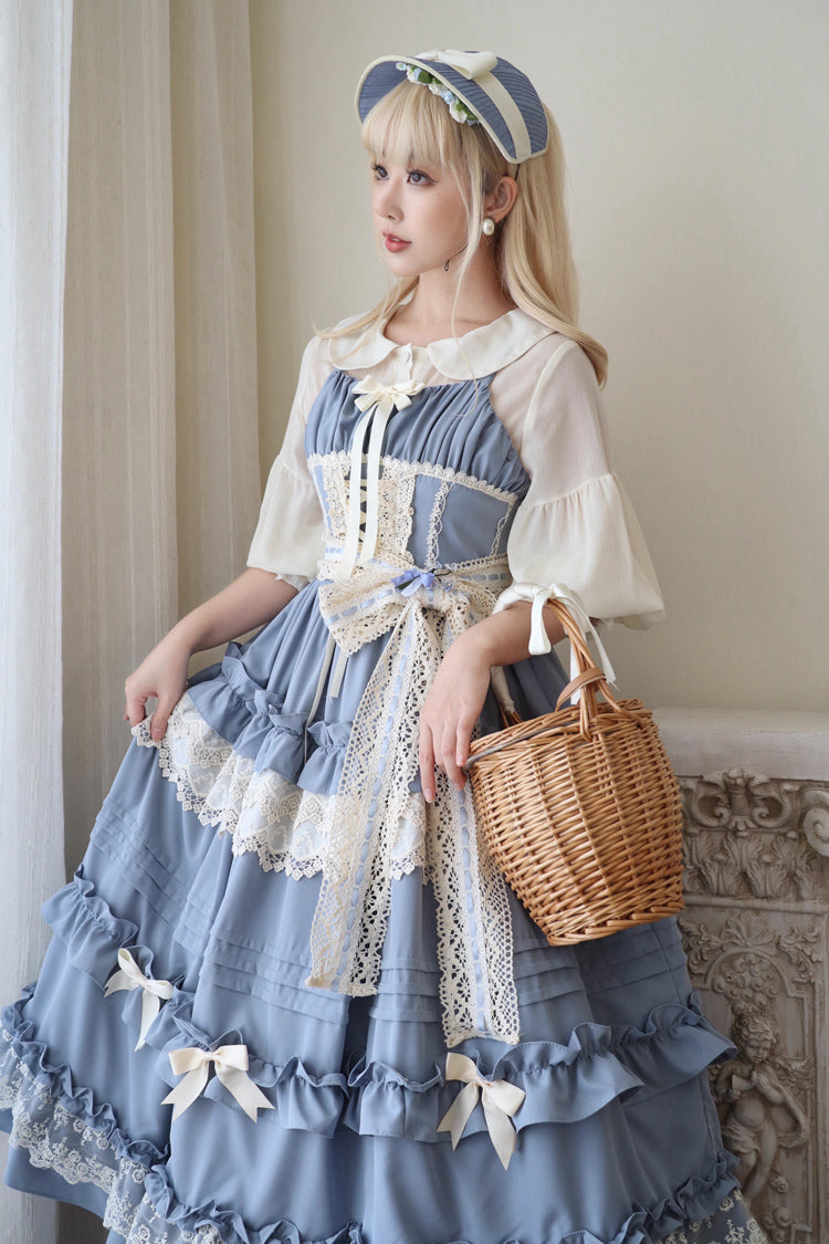 [Lillian] Ruffle Bowknot Lace Sweet Lolita Jsk Dress 4 Colors - Blue - 3