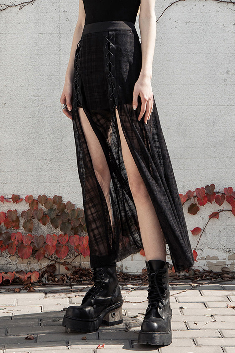 Black Front Metal Eyelets Lace-Up Slit Mesh Hem Women's Punk Skirt - Product - 2
