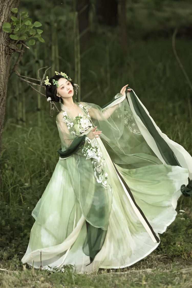 Green [Qingyao] Butterfly Flowers Embroidery Sweet Chinese Style Hanfu Dress Full Set - Product - 2