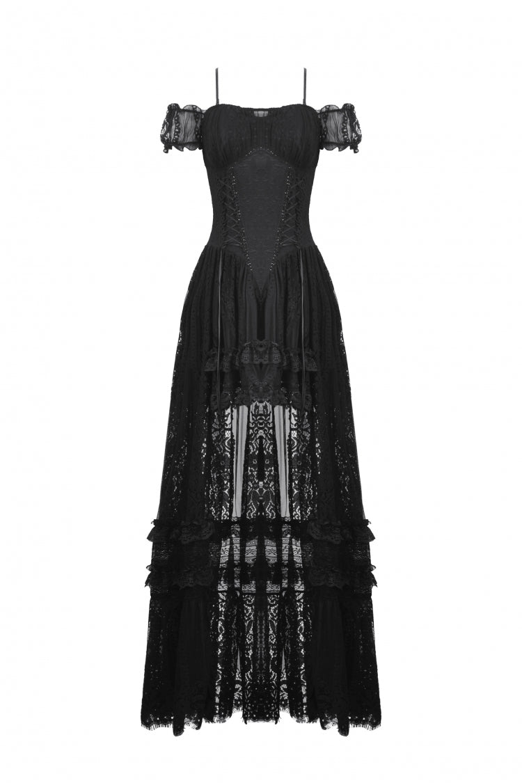 Black Off Shoulder Short Flutter Sleeves Lace-Up Lace High/Low Women's Gothic Prom Slip Dress - Product - 3