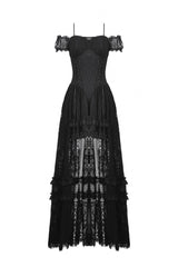 Black Off Shoulder Short Flutter Sleeves Lace-Up Lace High/Low Women's Gothic Prom Slip Dress - Product - 3