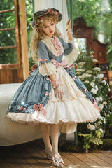 Blue [Lilica Garden] Lapel Collar Short Trumpet Sleeves Ruffled Open-Front Bow Lace Sweet Elegant Luxurious Lolita Dress - Product - 2