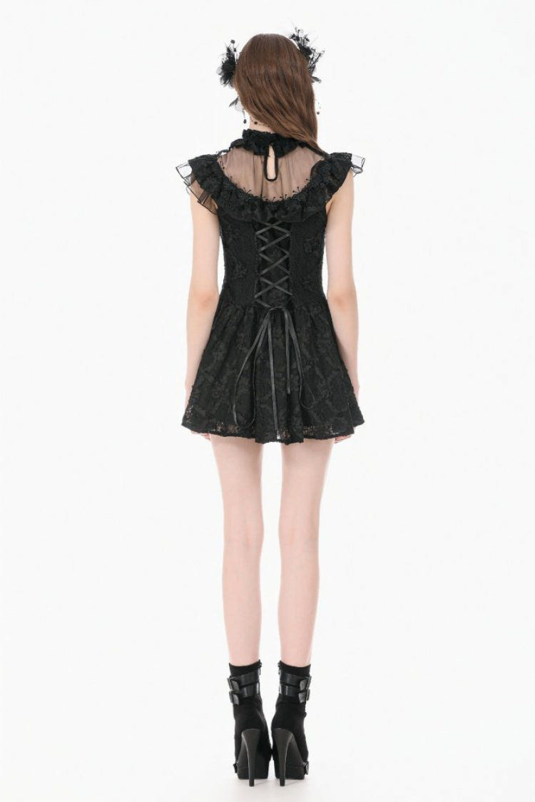 Black Ruffled Mock Neck Floral Cross Lace Splice Sheer Mesh Sleeveless Lace-Up Women's Gothic Dress - Product - 11