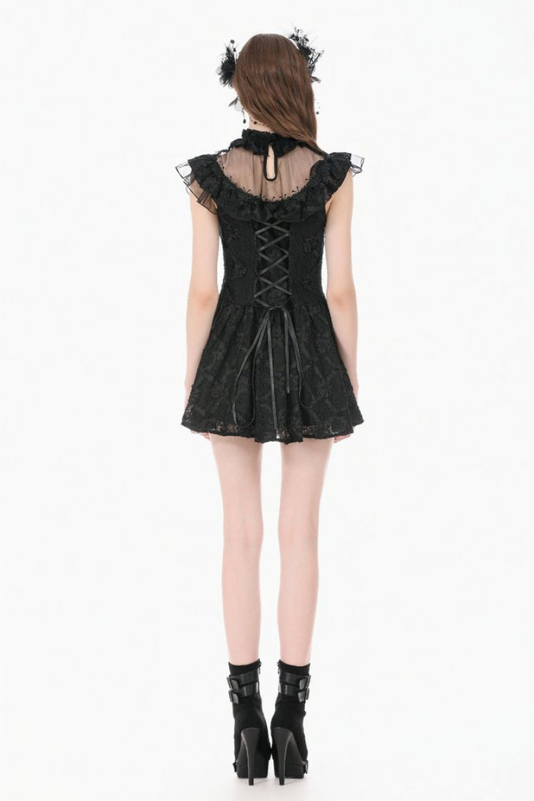 Black Ruffled Mock Neck Floral Cross Lace Splice Sheer Mesh Sleeveless Lace-Up Women's Gothic Dress - Product - 11