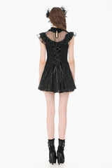 Black Ruffled Mock Neck Floral Cross Lace Splice Sheer Mesh Sleeveless Lace-Up Women's Gothic Dress - Product - 11