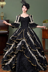 Black Square Collar Half Trumpet Sleeves Ruffled Open-Front Lace Gothic Vintage Palace Lolita Victorian Dress - Product - 3