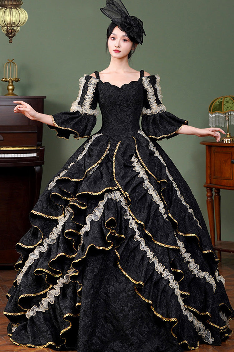 Black Square Collar Half Trumpet Sleeves Ruffled Open-Front Lace Gothic Vintage Palace Lolita Victorian Dress - Product - 3