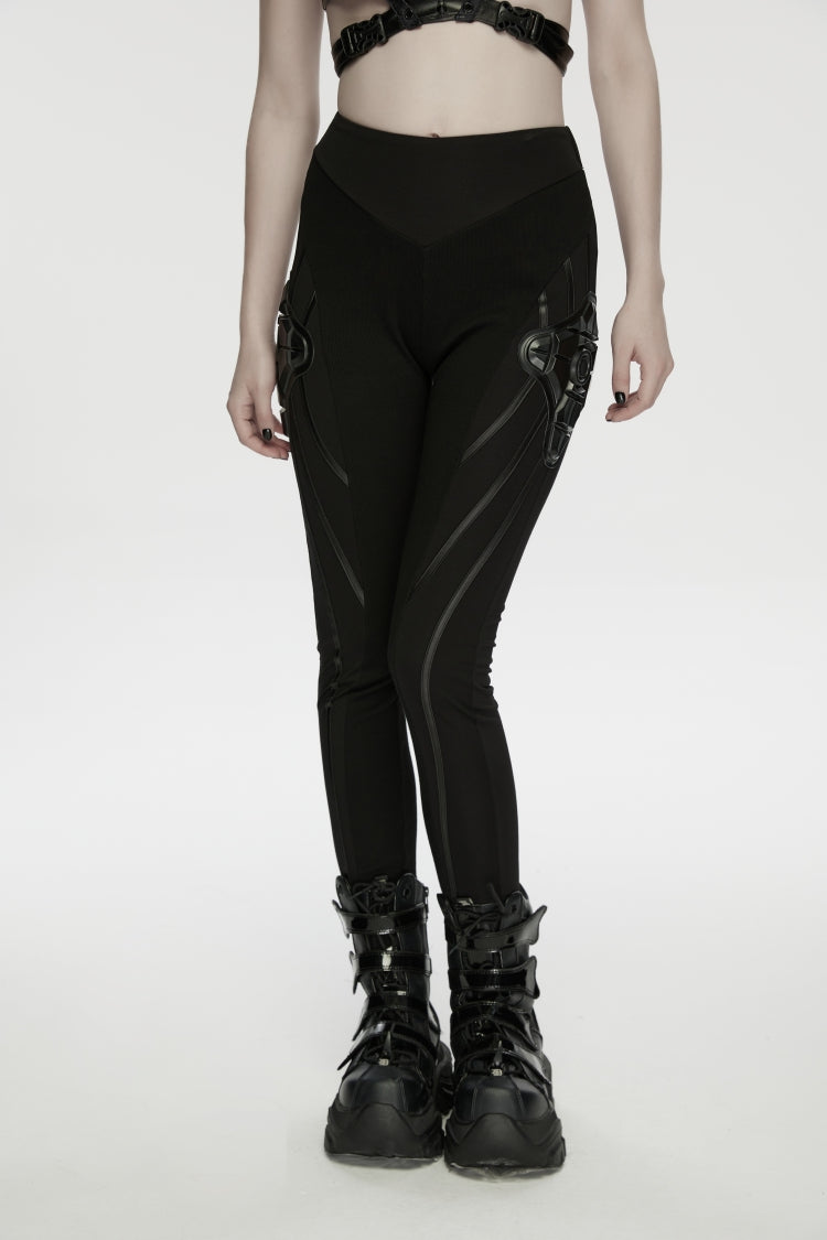 Black Slim Women's Armor-Accentuated Paneled Punk Leggings - Product - 5