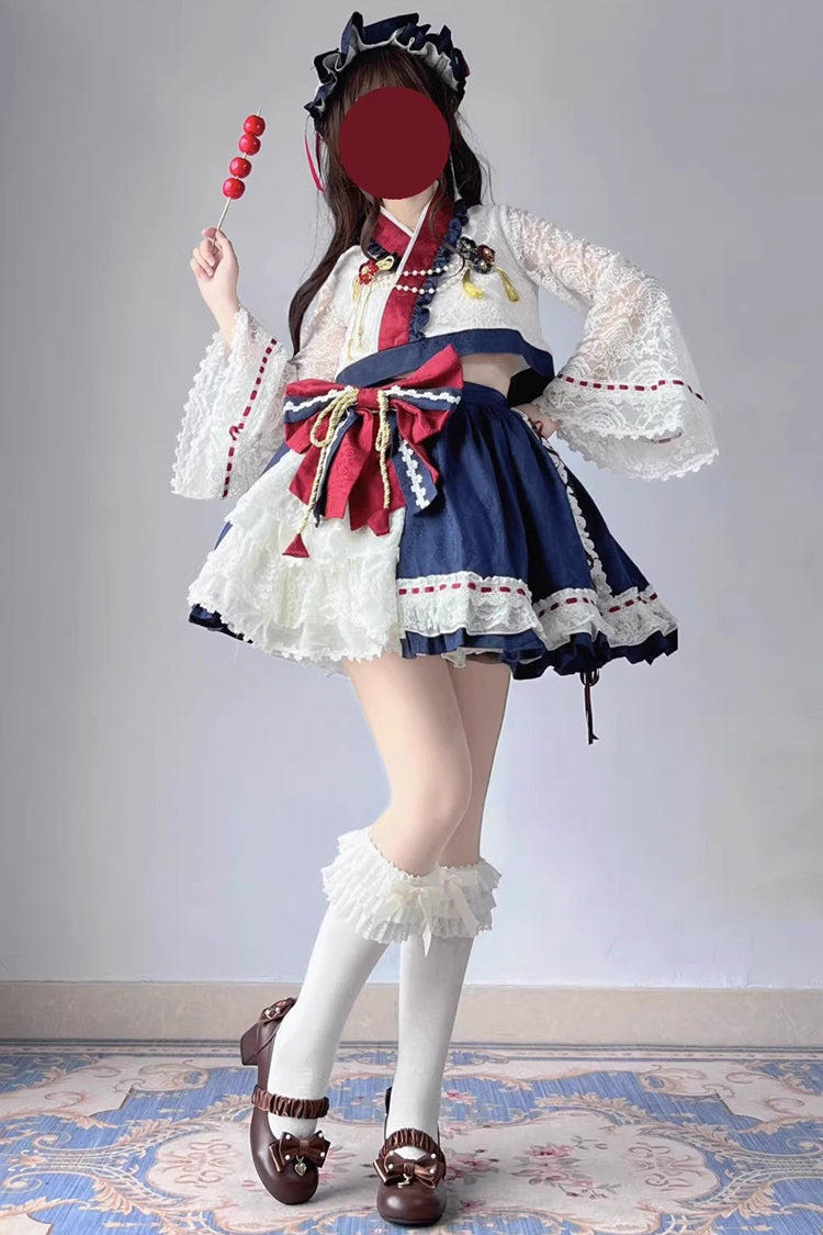 レッド／ホワイト／ブルー 姫袖 フリル リボン 和風 プリンセス スウィートロリータ ワンピース スカートセット