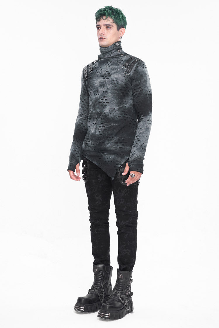 Grey/Black Lrregular Ripped Stand Collar Men's Punk Shirt - Product - 5