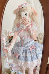 Blue Triple-Layered Ruffled Bow Lace-Up Slim Ballet Sweet Lolita Dress - Product - 18