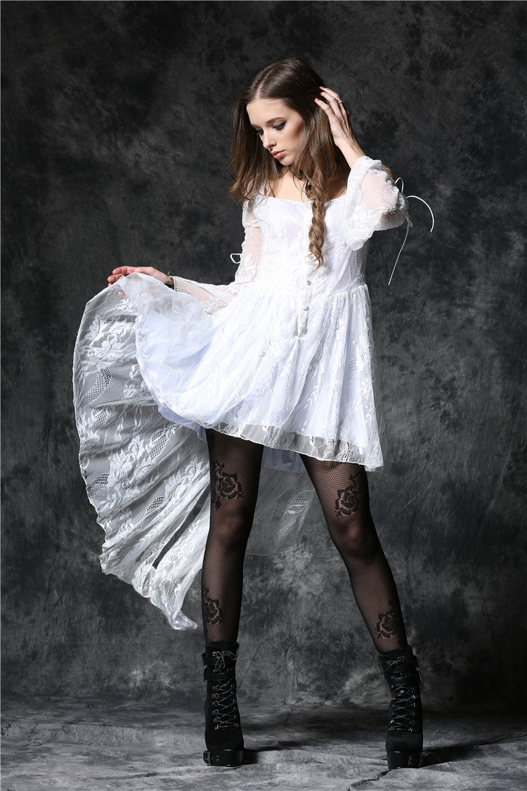 White Square Collar Sleeveless Overlay Embroidered Lace Women's Gothic Dress - Product - 8