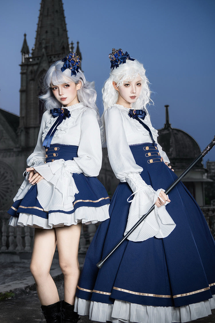 Blue [Eternal Crown] Stand Collar Long Lantern Sleeves Ruffled Color-Blocked Faux Two-Piece Classic Royal Lolita Dress 2 Versions - Product - 7