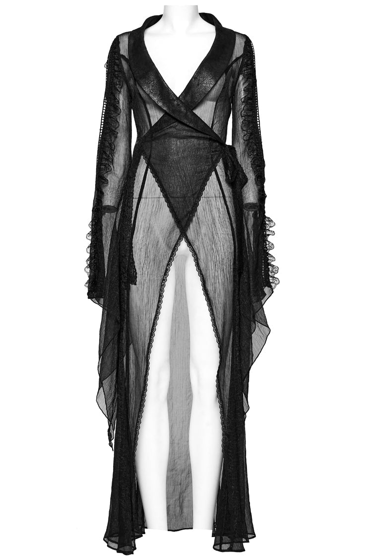 Black Lapel Collar Trumpet Sleeves Lace Sheer Women's Gothic Cardigan - Product - 5