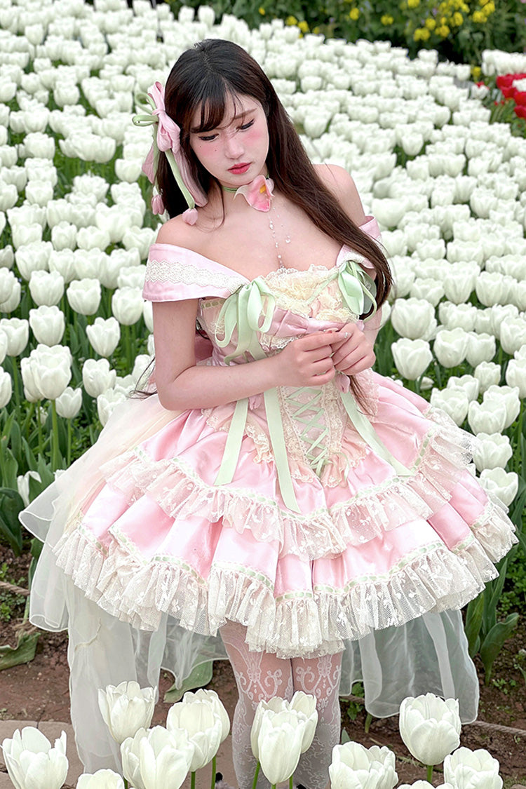Pink [Tulip Love Song] Boat Neck Double-Layered Ruffle Bowknot Lace Lace-Up Romantic Sweet Princess Lolita Dress - Pink - 1