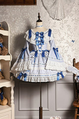 Blue/White [Rabbit Sleeping Doll] Long Trumpet Sleeves Ruffle Bowknot Lace Sweet Lolita Dress - Product - 8