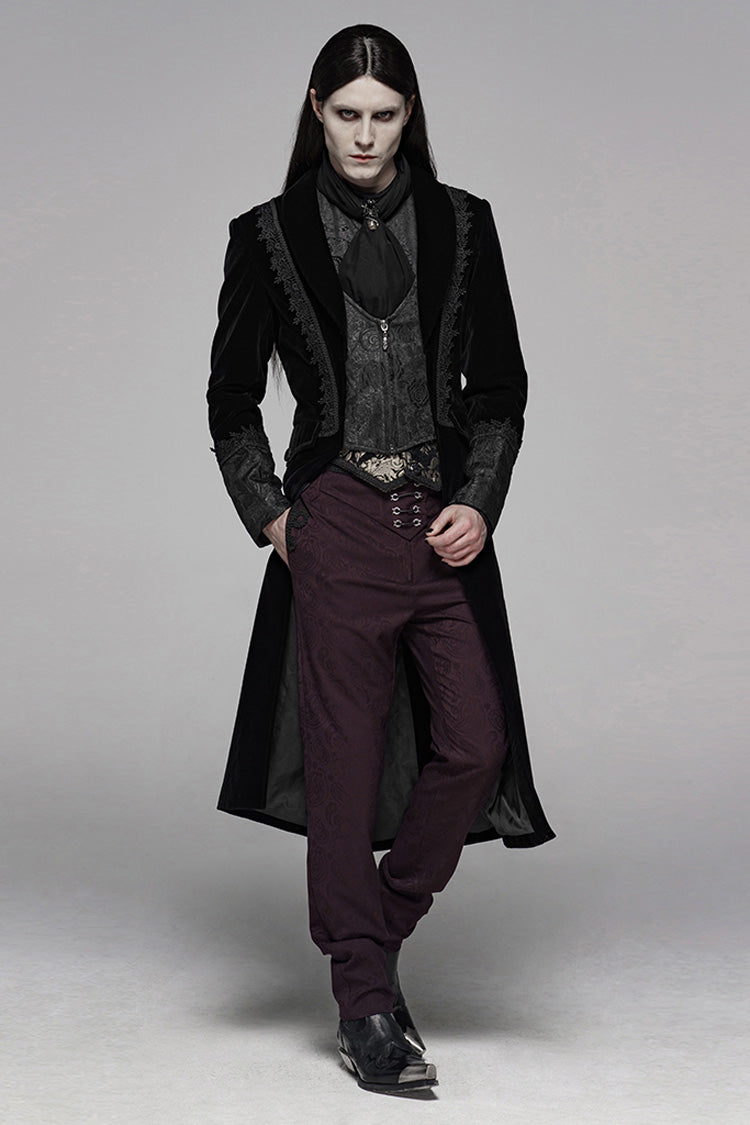 Black Long Sleeves Jacquard Lace-Up Slim Men's Gothic Long Coat - Product - 4