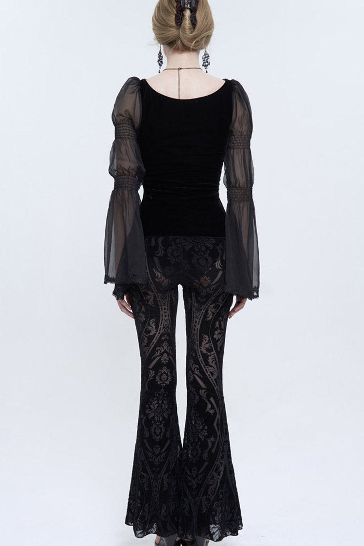 Black Flocked Printed Fabric Elastic Jacquard Elastic at Waist Flared Women's Punk Pants - Product - 8