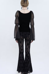Black Flocked Printed Fabric Elastic Jacquard Elastic at Waist Flared Women's Punk Pants - Product - 8