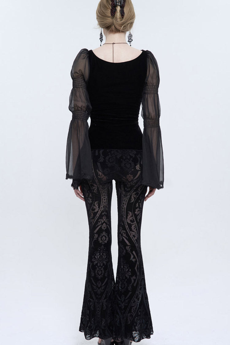 Black Flocked Printed Fabric Elastic Jacquard Elastic at Waist Flared Women's Punk Pants - Product - 8
