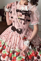 Pink [Strawberry Chocolate Lover] Sleeveless Printed Ruffled Embroidered Bow Lace Sweet Lolita Jsk Dress - Product - 8