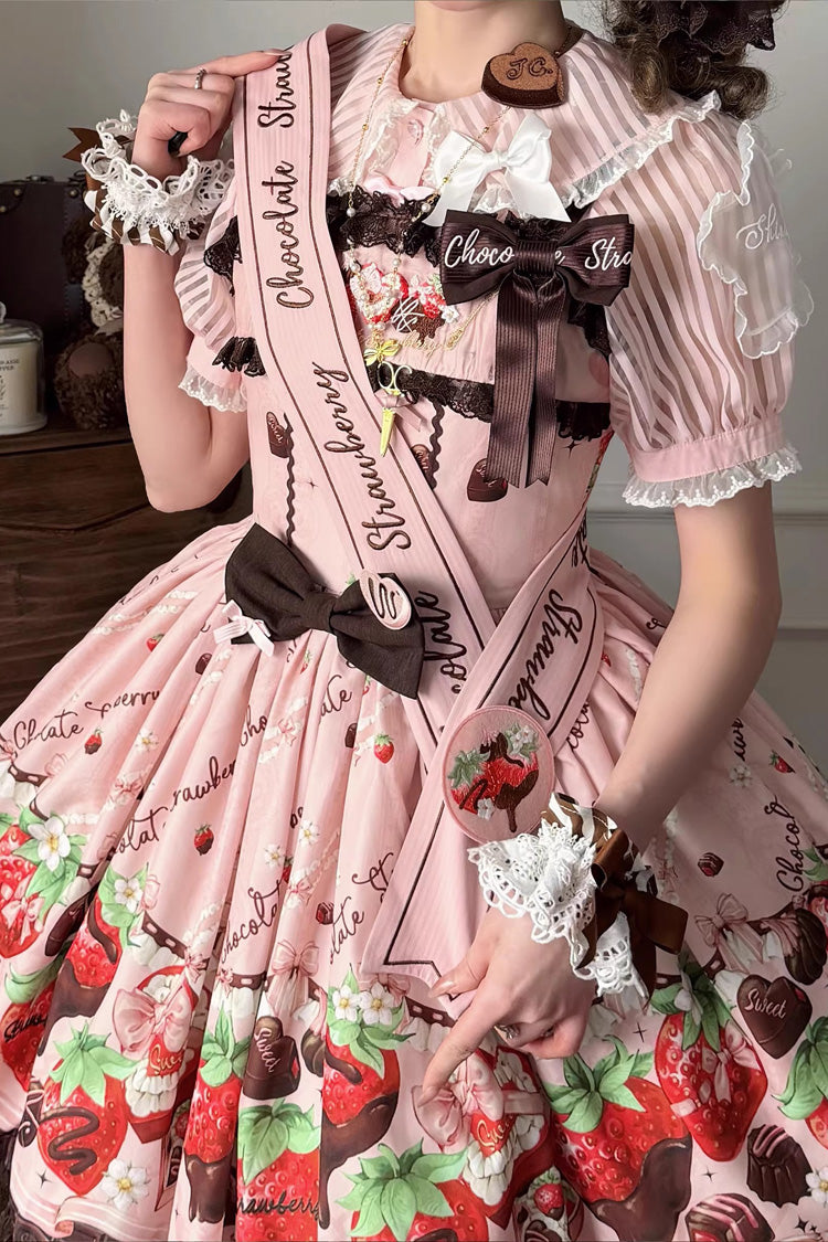 Pink [Strawberry Chocolate Lover] Sleeveless Printed Ruffled Embroidered Bow Lace Sweet Lolita Jsk Dress - Product - 8