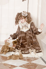Brown [Chocolate Cat] Print Long Sleeves Ruffle Bowknot Sweet Lolita Dress - Product - 5