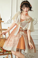 Orange Square Collar Sleeveless Chrysanthemum Printed Bow Lace-Up Asymmetric Sweet Chinese Inspired Lolita Jsk Dress Set - Product - 5