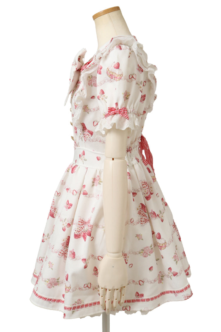 White [Creamy Berry] Print Short Puff Sleeves Ruffle Bowknot Lace-Up Sweet Jirai Kei Japanese Dress - Product - 4