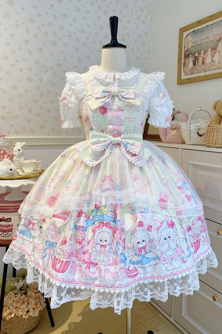 Yellow [Cute Rabbit Sweet Cake] Print Ruffle Bowknot Lace Sweet Lolita Jsk Dress - Yellow - 1