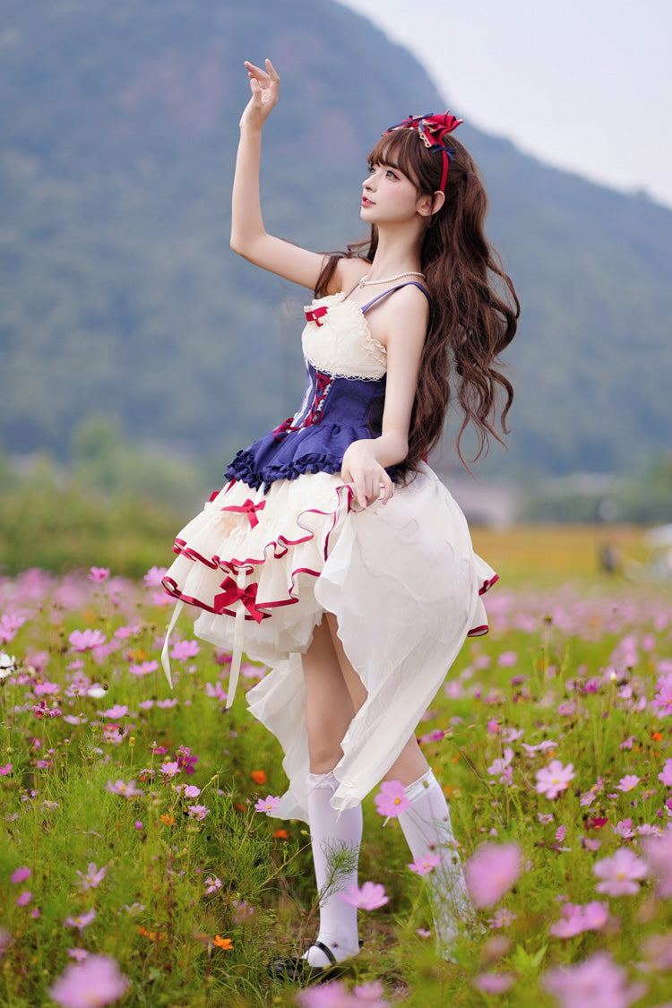 Blue/Ivory [Dance of Time] Snow White Triple-Layered Ballet Style Bowknot Lace-Up Sweet Lolita Jsk Dress - Product - 3